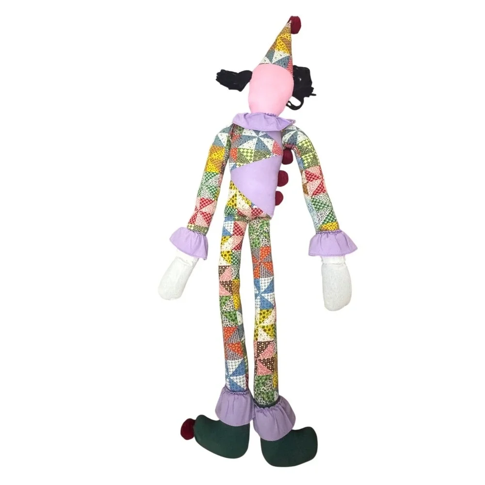 Vintage Handmade Patchwork Clown Doll Large 41 Inch Folk Art Harlequin Plush Toy